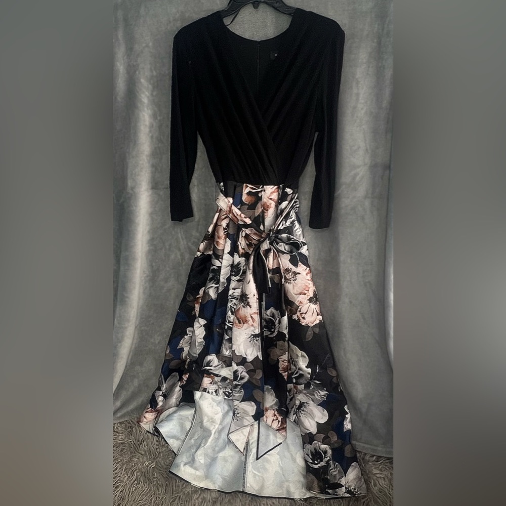 R&M Richards evening gown .Black floral print size 12